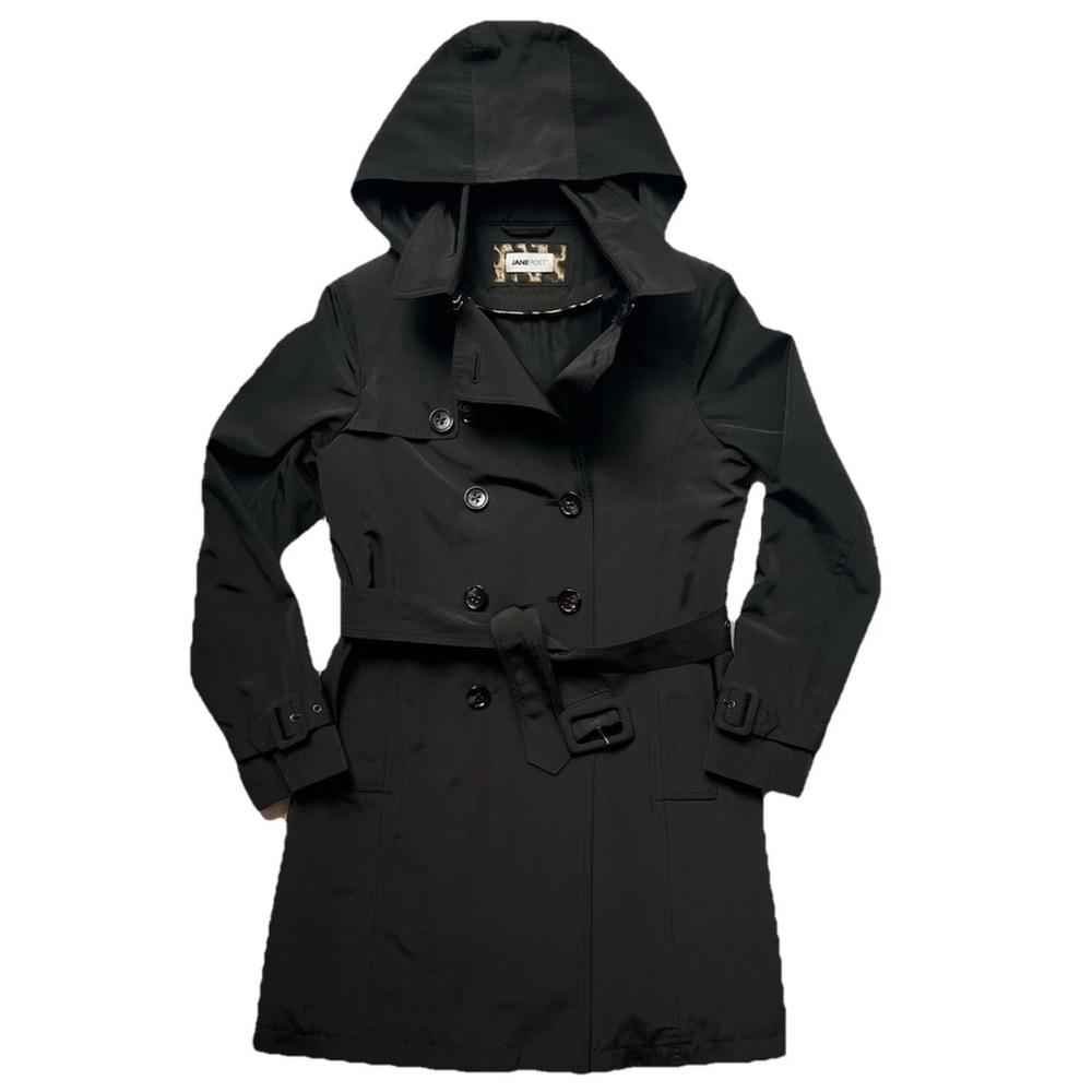 Jane Post Trench Rain Coat Zip Out Liner Double Breasted Leopard Black Womens XS